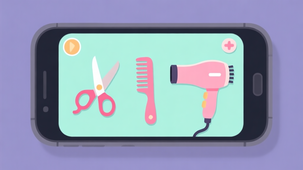 Ilustrasi minimalis layar permainan ponsel dengan ikon gunting, sisir, dan pengering rambut, skema warna pastel lembut, desain bersih, gaya antarmuka game simulasional high quality illustration, detailed, 16:9