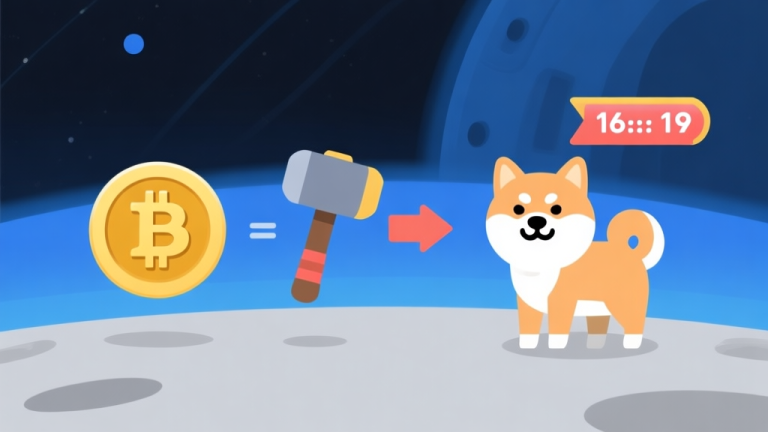 自动生成图片: Ilustrasi minimalis game clicker dengan latar belakang ruang angkasa, menunjukkan ikon Dogecoin, palu, dan anjing Shiba Inu, dengan panah yang mengarah ke angka yang terus bertambah, skema warna biru dan abu-abu, gaya desain bersih high quality illustration, detailed, 16:9