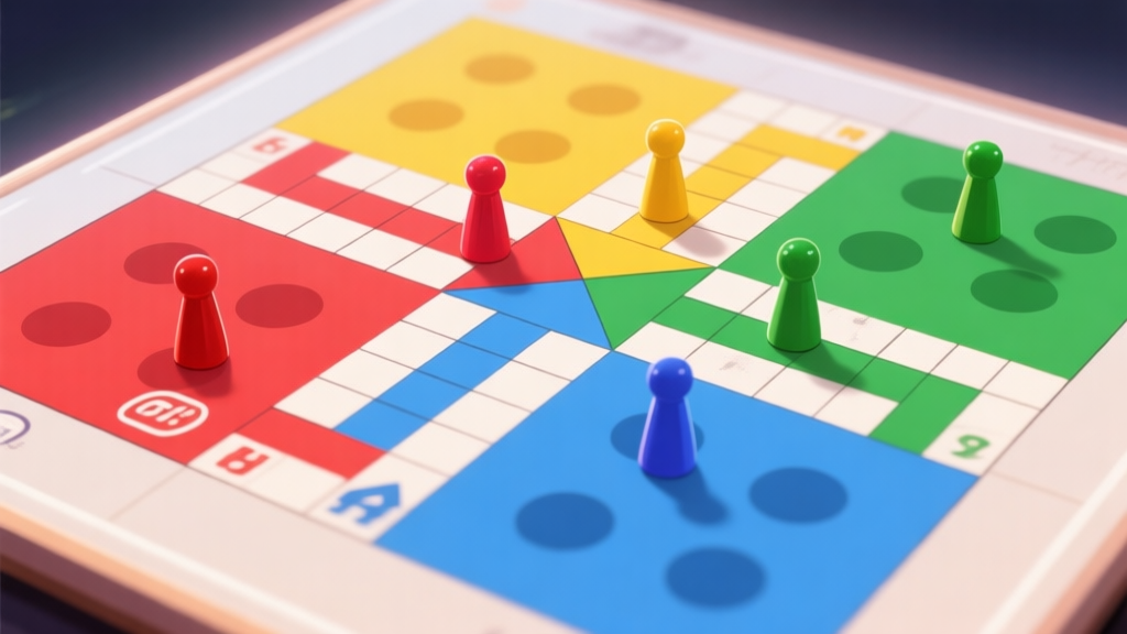 Ilustrasi papan permainan Ludo digital dengan desain modern, menunjukkan bidak-bidak berwarna-warni (merah, kuning, hijau, biru) berada di posisi strategis mendekati area finish, latar belakang minimal dengan efek cahaya lembut high quality illustration, detailed, 16:9