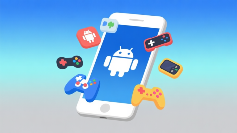 自动生成图片: Ilustrasi minimalis ponsel Android dengan ikon game offline yang beragam melayang di sekitarnya, latar belakang gradient biru muda ke abu-abu, gaya desain bersih dan modern high quality illustration, detailed, 16:9