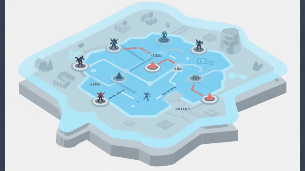 Ilustrasi minimalis peta game strategi dengan lapisan transparan, menunjukkan zona aman, bahaya, dan jalur pergerakan, skema warna biru muda dan abu-abu, desain bersih dan informatif high quality illustration, detailed, 16:9