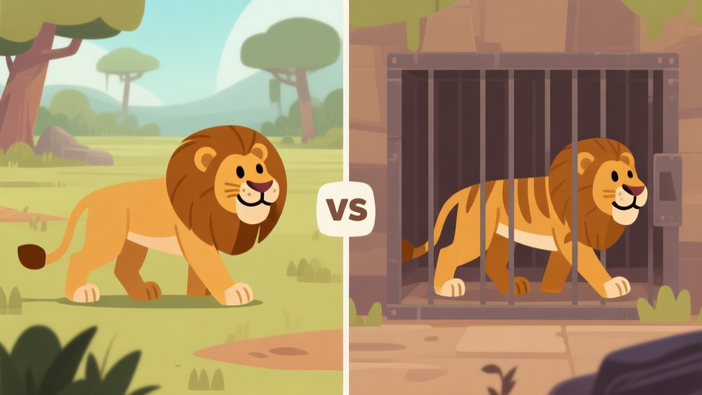 Ilustrasi game bergaya kartun yang menunjukkan perbandingan: di satu sisi, seekor singa di habitat luas yang terlihat puas; di sisi lain, singa yang sama di kandang sempit sedang berjalan bolak-balik dengan pola berulang. Skema warna earth tone, desain bersih, ilustrasi konsep game simulasi high quality illustration, detailed, 16:9