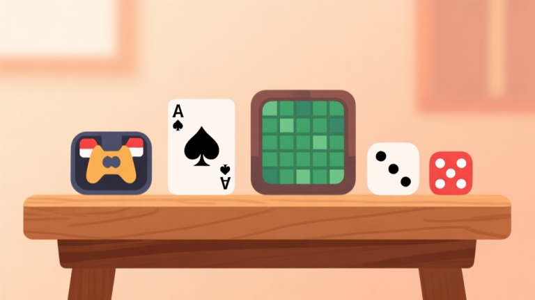 自动生成图片: Ilustrasi minimalis beberapa ikon game populer Indonesia seperti kartu, papan, dan dadu tersusun rapi di atas meja kayu, latar belakang lembut dengan nuansa hangat, gaya clean dan modern high quality illustration, detailed, 16:9