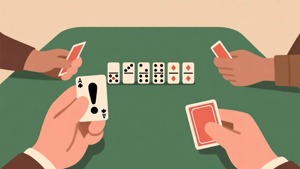 Ilustrasi sederhana meja permainan domino gaple dengan deretan kartu di tengah dan dua tangan pemain yang memegang kartu, salah satu tangan menunjukkan tanda seru karena tidak ada kartu yang cocok, gaya flat design minimalis dengan warna earth tone high quality illustration, detailed, 16:9