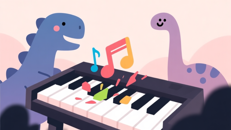 自动生成图片: Ilustrasi minimalis layar game dengan not musik berwarna jatuh di atas keyboard piano, dikelilingi siluet dinosaurus kartun yang ramah, skema warna pastel yang lembut, desain bersih dan modern high quality illustration, detailed, 16:9
