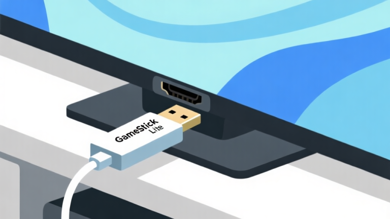 自动生成图片: Ilustrasi minimalis sebuah stik USB kecil (Gamestick Lite) yang sedang ditancapkan ke port HDMI televisi layar datar, dengan latar belakang abstrak berwarna biru muda dan abu-abu, gaya desain bersih dan modern high quality illustration, detailed, 16:9
