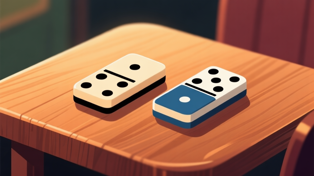 Ilustrasi dua set domino yang berbeda gaya, satu dengan tampilan klasik dan satu lebih modern, diletakkan di atas meja kayu dengan pencahayaan hangat, gaya ilustrasi digital yang clean dan informatif high quality illustration, detailed, 16:9