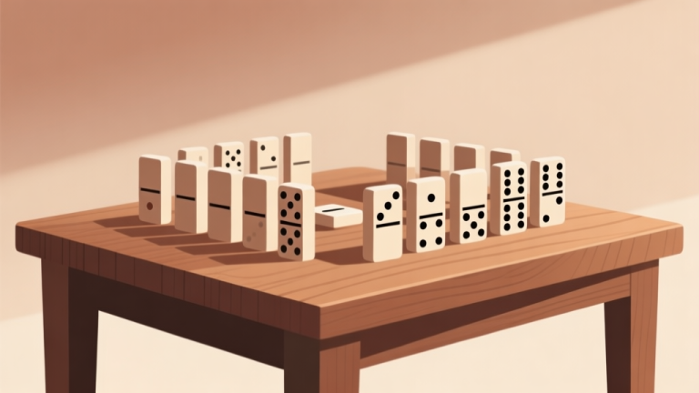 自动生成图片: Ilustrasi minimalis permainan domino dengan balok-balok bergaya geometris tersusun rapi di atas meja kayu, latar belakang lembut dengan gradasi warna earth tone, desain bersih dan informatif high quality illustration, detailed, 16:9