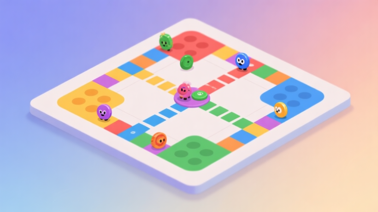 自动生成图片: Ilustrasi papan permainan digital dengan jalur berwarna-warni dan token karakter yang unik, gaya minimalis dan bersih, latar belakang gradien lembut, konsep game board modern high quality illustration, detailed, 16:9