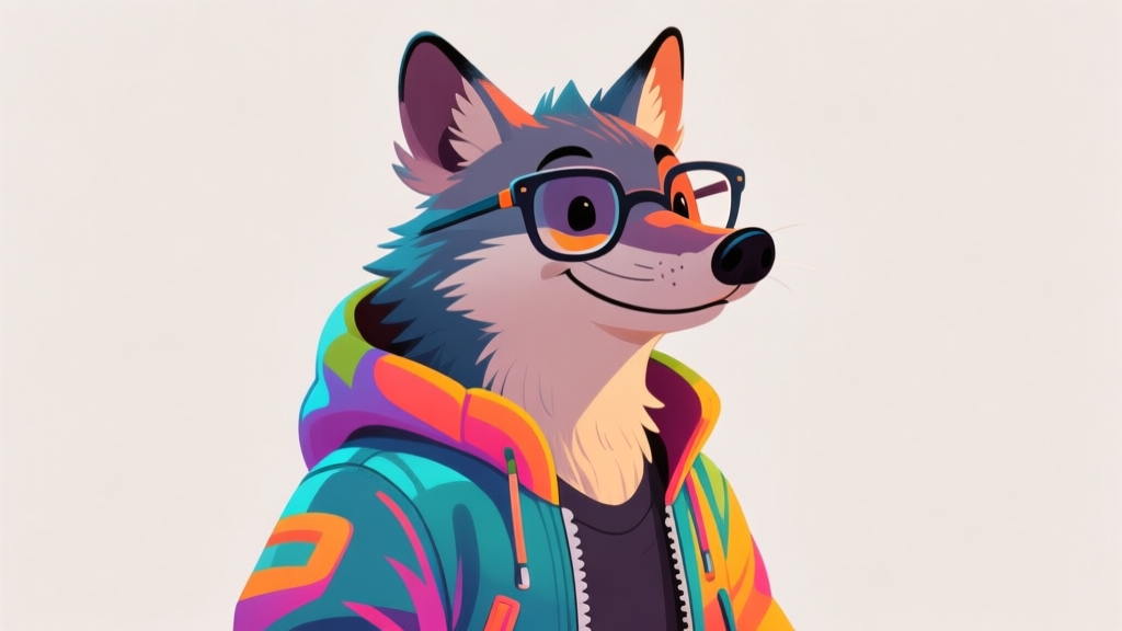 Ilustrasi karakter hewan antropomorfik yang ramah dan berwarna-warni, seperti rubah dengan jaket atau serigala dengan kacamata, dalam gaya seni digital yang cerah dan menarik, latar belakang sederhana high quality illustration, detailed, 16:9