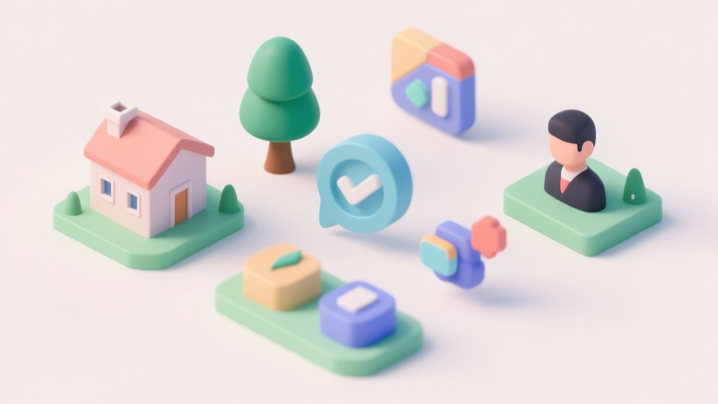 Komposisi abstrak dari berbagai ikon game simulasi seperti bangunan kecil, pohon, simbol manajemen, dan avatar virtual, disusun secara minimalis dengan skema warna pastel yang lembut dan latar belakang bersih high quality illustration, detailed, 16:9