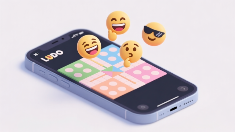 自动生成图片: Ilustrasi minimalis layar ponsel dengan beberapa emoji populer (wajah tertawa, wajah berpikir, wajah cool) melayang di atas papan permainan Ludo digital, warna pastel lembut, gaya flat design, latar belakang bersih high quality illustration, detailed, 16:9