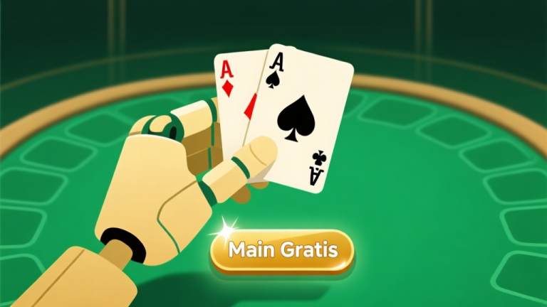 自动生成图片: Ilustrasi digital minimalis dari tangan virtual sedang memegang kartu blackjack (As dan Jack) di atas meja hijau virtual, dengan tombol "Main Gratis" yang bersinar di latar belakang, gaya flat design, warna dominan hijau dan emas high quality illustration, detailed, 16:9