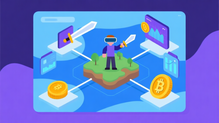 自动生成图片: Ilustrasi konseptual tentang dunia virtual yang dimiliki pemain, menunjukkan avatar pemain yang berinteraksi dengan berbagai aset digital seperti koin, pedang, dan sebidang tanah yang terhubung dengan grafik blockchain abstrak. Gaya flat design minimalis dengan warna biru dan ungu yang mendominasi. high quality illustration, detailed, 16:9