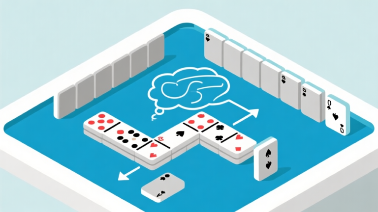 自动生成图片: Ilustrasi minimalis papan domino gaple dengan kartu-kartu tersusun, panah dan garis pemikiran abstrak di atasnya, skema warna biru muda dan abu-abu, gaya desain bersih, konsep analisis strategis high quality illustration, detailed, 16:9