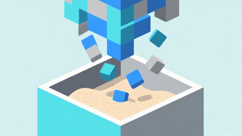 Ilustrasi minimalis layar permainan puzzle dengan blok-blok berwarna jatuh ke dalam wadah, skema warna biru muda dan abu-abu, desain bersih dengan elemen butiran pasir halus, gaya ilustrasi konsep game abstrak high quality illustration, detailed, 16:9