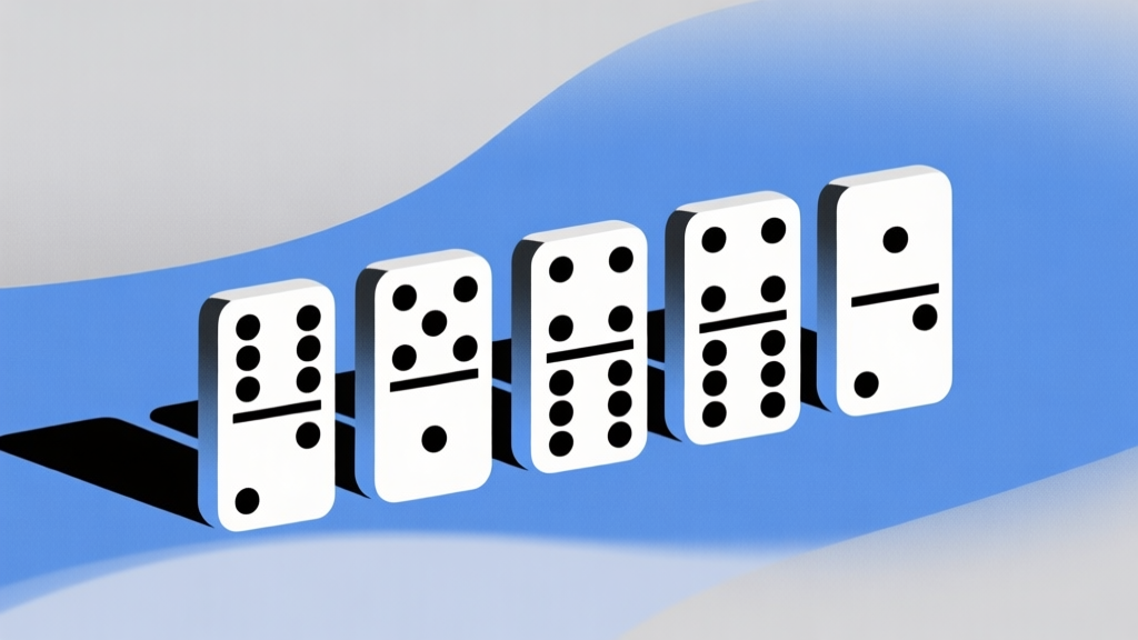 Ilustrasi minimalis beberapa kartu domino bersusun dengan angka ganda yang sama, latar belakang lembut dengan nuansa biru dan abu-abu, gaya desain bersih, konsep permainan strategi abstrak high quality illustration, detailed, 16:9