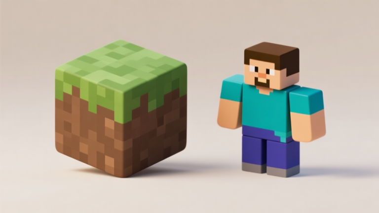 自动生成图片: Ilustrasi dua ikon game populer, satu berbentuk kubus tanah (Minecraft) dan satu berbentuk karakter blok manusia (Roblox), berdampingan dengan latar belakang netral, gaya minimalis dan bersih, untuk representasi konsep perbandingan high quality illustration, detailed, 16:9