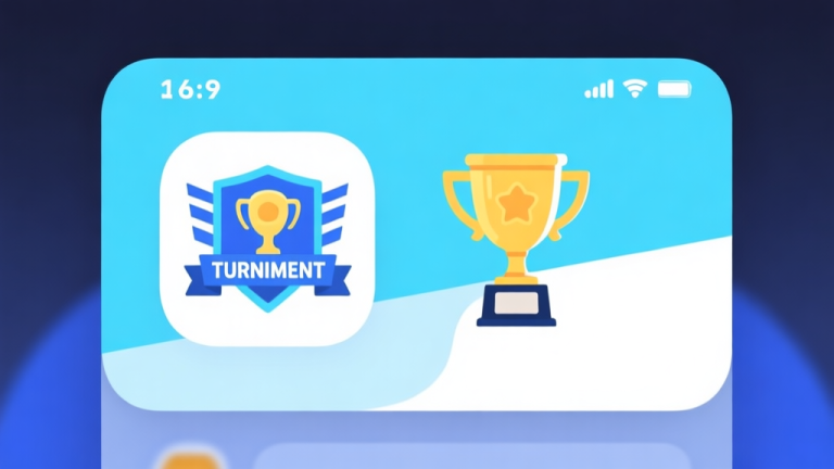 自动生成图片: Ilustrasi minimalis antarmuka aplikasi game dengan ikon turnamen dan piala, skema warna biru muda dan putih, desain bersih, gaya infografis high quality illustration, detailed, 16:9