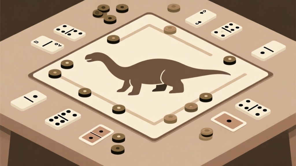 Ilustrasi minimalis meja permainan papan dengan kartu domino dan bidak ludo, disusun membentuk siluet dinosaurus yang samar, skema warna earth tone, gaya clean dan konseptual high quality illustration, detailed, 16:9