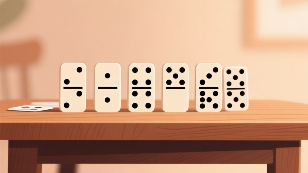 Ilustrasi minimalis beberapa kartu domino berjajar di atas meja kayu dengan latar belakang lembut, nuansa hangat, gaya clean, fokus pada bentuk dan titik domino high quality illustration, detailed, 16:9