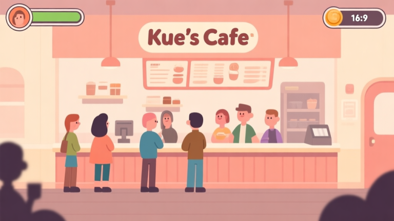 自动生成图片: Ilustrasi antarmuka game Kue's Cafe yang minimalis, menunjukkan counter kafe dengan beberapa pelanggan kartun menunggu, skema warna pastel yang hangat, desain bersih dan ramah high quality illustration, detailed, 16:9