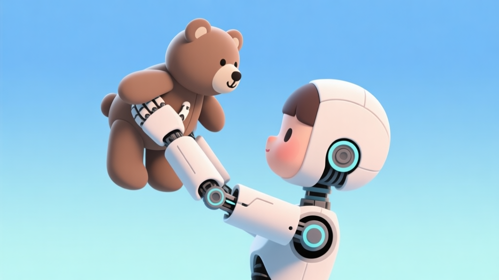 Ilustrasi minimalis lengan mekanis game doll sedang mengangkat boneka beruang, latar belakang soft gradient biru muda, gaya desain bersih dan modern, fokus pada gerakan dan presisi high quality illustration, detailed, 16:9