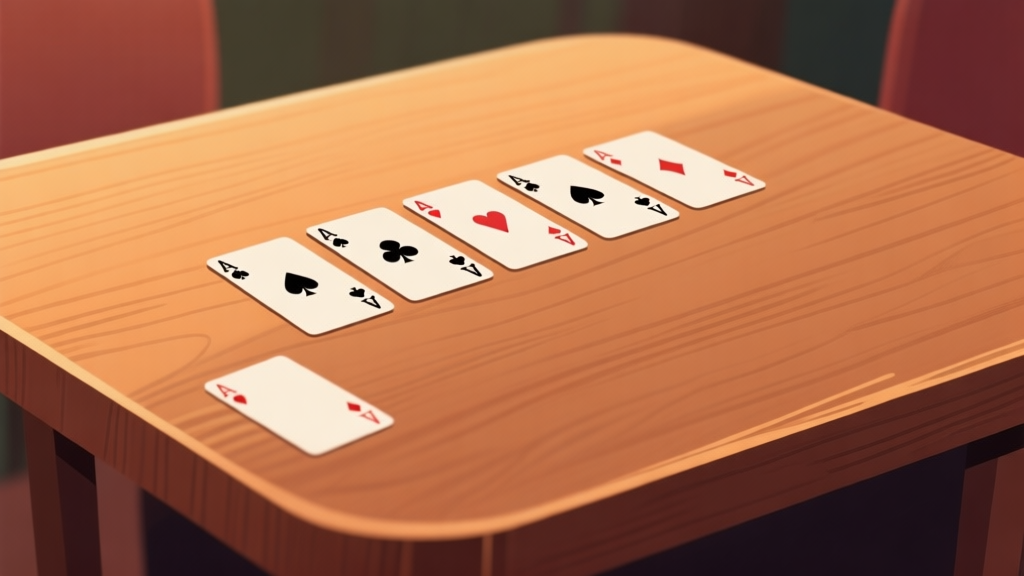 Ilustrasi minimalis beberapa kartu remi yang tersusun rapi di atas meja kayu dengan pencahayaan hangat, desain bersih dan sederhana, menciptakan suasana permainan kartu yang nyaman high quality illustration, detailed, 16:9
