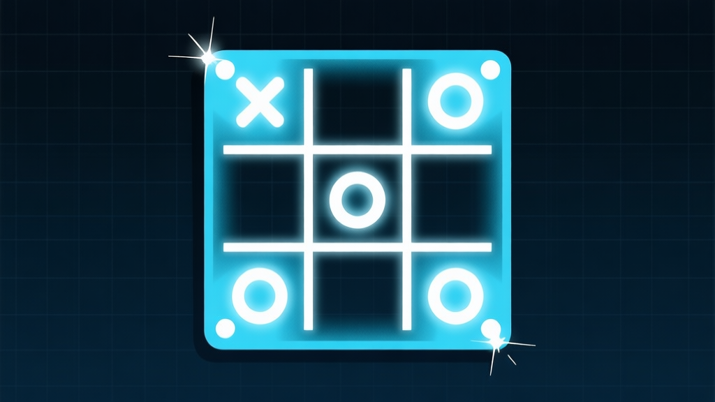 Ilustrasi papan Tic Tac Toe 3x3 dengan simbol X dan O yang bersinar di sudut-sudut strategis, latar belakang gelap dengan grid samar, gaya minimalis clean, nuansa biru muda dan putih high quality illustration, detailed, 16:9
