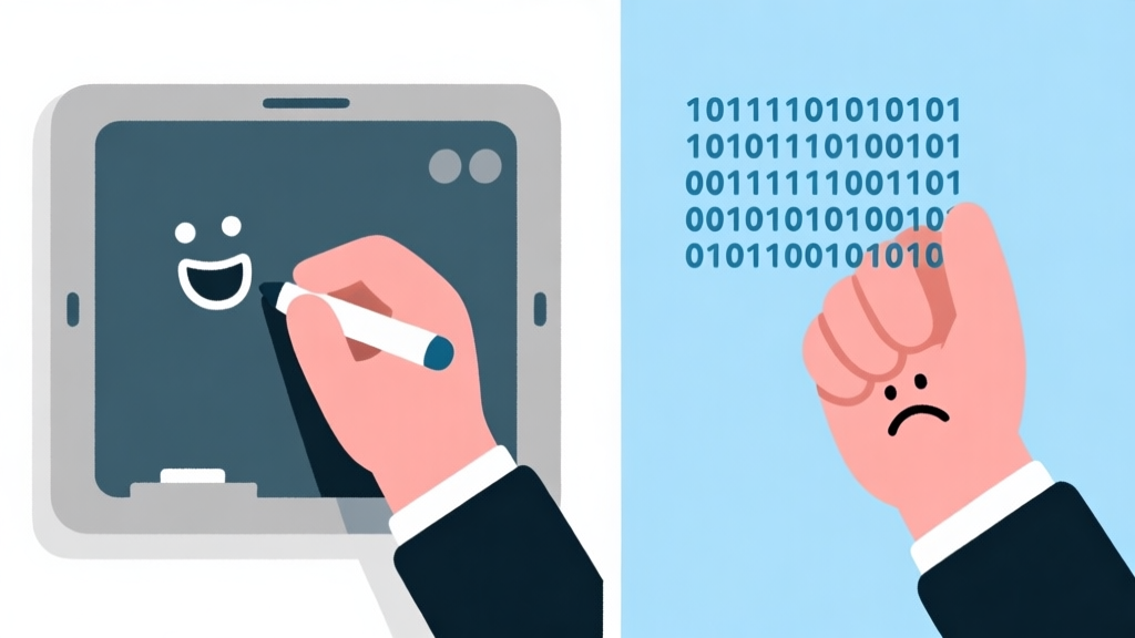 Ilustrasi minimalis dua sisi: satu tangan menggambar di papan tulis digital dengan senyum, satu tangan memegang kode biner dengan ekspresi ragu, skema warna biru muda dan abu-abu, gaya desain bersih high quality illustration, detailed, 16:9