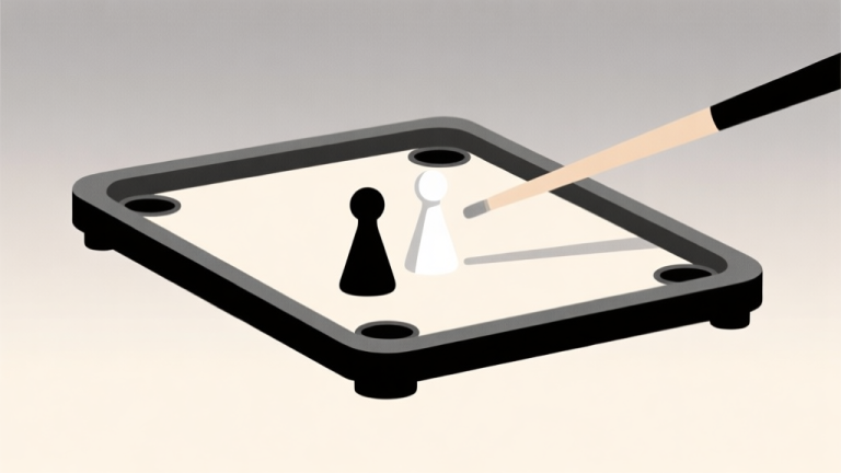 自动生成图片: Ilustrasi minimalis papan carrom dengan dua bidak berwarna hitam dan putih berdekatan, striker berada di posisi siap memukul, latar belakang lembut dengan gradasi abu-abu muda, gaya diagram instruksional yang bersih high quality illustration, detailed, 16:9