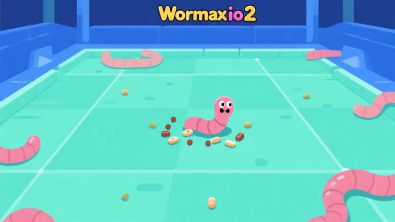 自动生成图片: Ilustrasi minimalis layar permainan Wormax.io 2, menunjukkan seekor cacing kecil di tengah arena dengan titik-titik makanan berwarna dan garis-garis cacing lain di sekitarnya, skema warna biru dan hijau muda, desain bersih dan game-like high quality illustration, detailed, 16:9