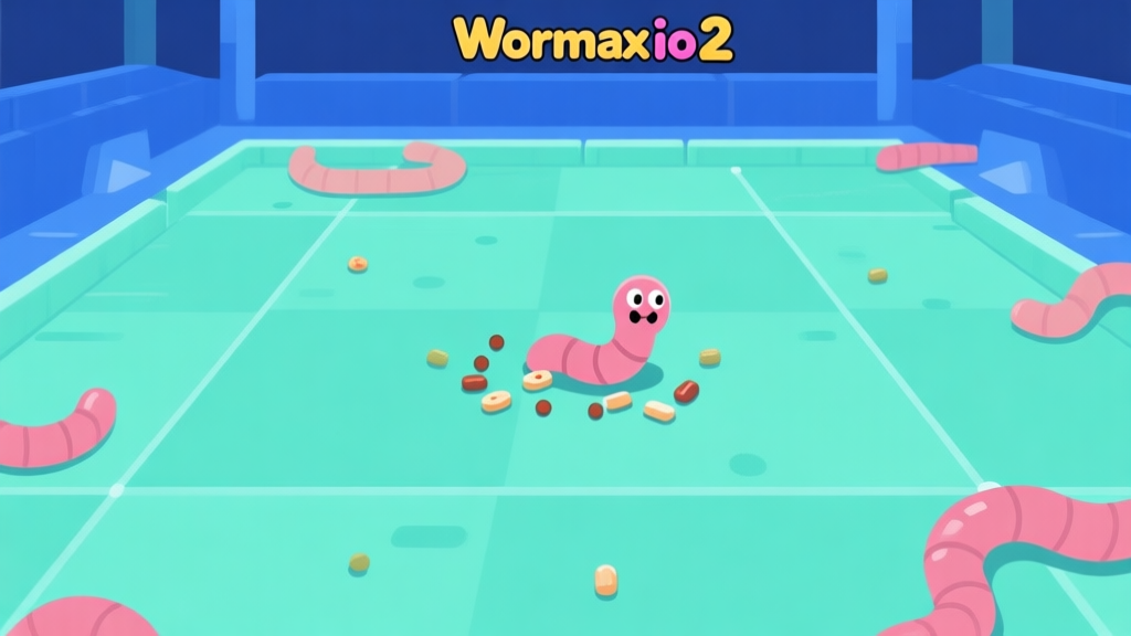 Ilustrasi minimalis layar permainan Wormax.io 2, menunjukkan seekor cacing kecil di tengah arena dengan titik-titik makanan berwarna dan garis-garis cacing lain di sekitarnya, skema warna biru dan hijau muda, desain bersih dan game-like high quality illustration, detailed, 16:9