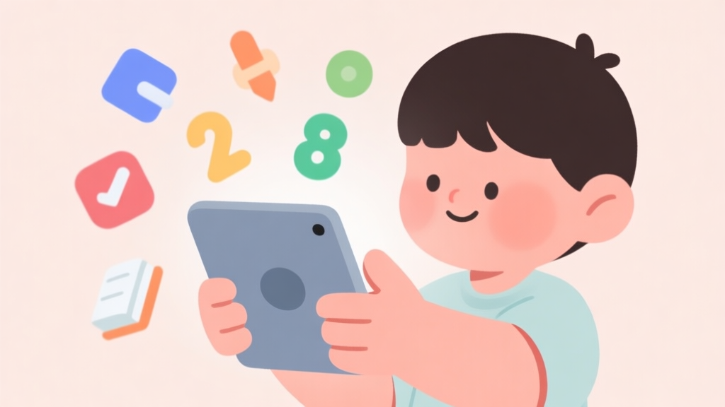 Ilustrasi minimalis tangan kecil anak menyentuh tablet dengan ikon-ikon edukatif seperti bentuk, warna, dan angka melayang di sekitarnya, skema warna pastel lembut, desain bersih dan ramah high quality illustration, detailed, 16:9