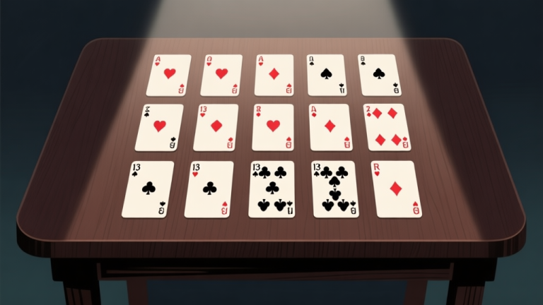 自动生成图片: Ilustrasi minimalis 13 kartu remi yang tersusun rapi dalam tiga baris horizontal di atas meja kayu gelap, dengan cahaya lembut menyoroti susunannya, gaya clean dan informatif high quality illustration, detailed, 16:9