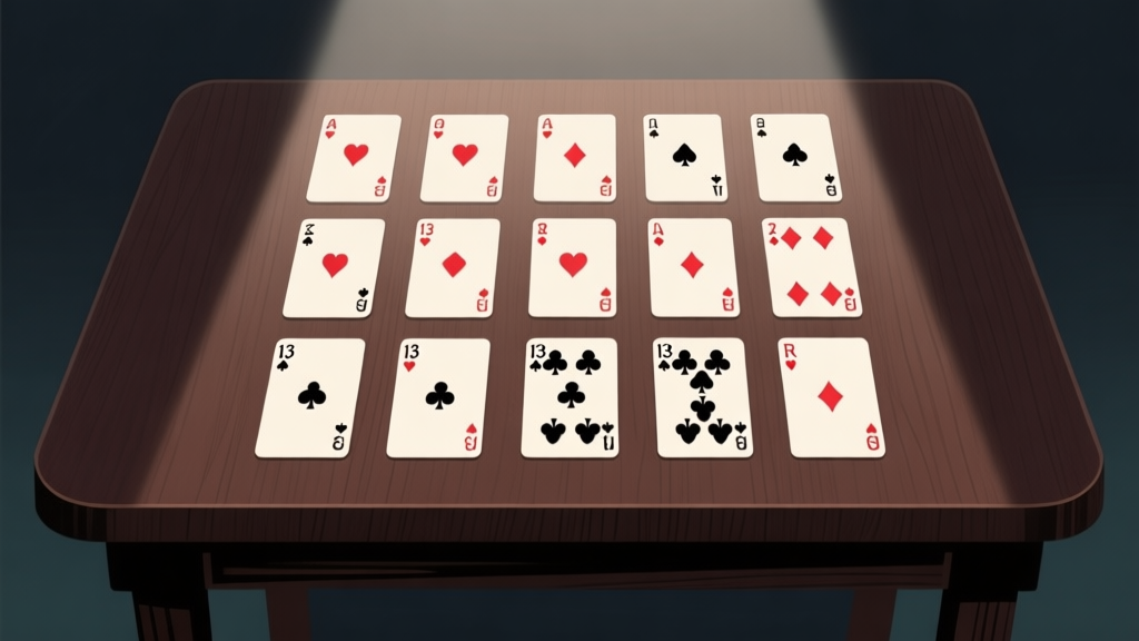 Ilustrasi minimalis 13 kartu remi yang tersusun rapi dalam tiga baris horizontal di atas meja kayu gelap, dengan cahaya lembut menyoroti susunannya, gaya clean dan informatif high quality illustration, detailed, 16:9