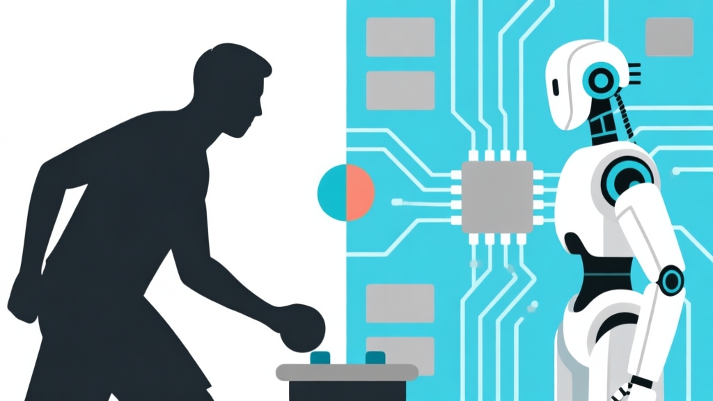 Ilustrasi konseptual minimalis yang menunjukkan siluet pemain manusia di satu sisi dan avatar robotik dengan sirkuit di sisi lain, dipisahkan oleh papan game abstrak, skema warna biru muda dan abu-abu, desain bersih dan modern high quality illustration, detailed, 16:9