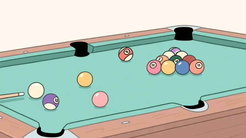 Ilustrasi minimalis meja biliar dengan bola-bola bergaya doodle, warna pastel lembut, latar belakang bersih, gaya desain kasual dan ramah high quality illustration, detailed, 16:9