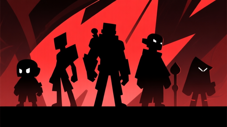 自动生成图片: Ilustrasi karakter game bergaya minimalis, menampilkan siluet beberapa figur dengan desain yang berbeda, latar belakang abstrak dengan nuansa gelap dan aksen merah, gaya konsep karakter untuk game high quality illustration, detailed, 16:9