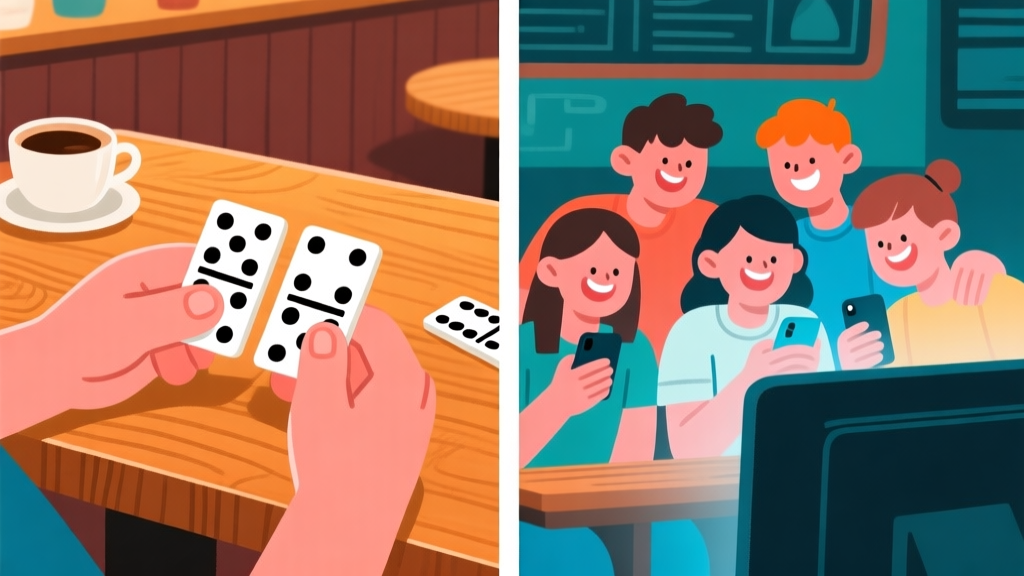 Ilustrasi dua sisi: satu sisi menunjukkan tangan-tangan sedang memegang kartu domino di atas meja kayu di warung kopi, sisi lain menunjukkan sekelompok muda-mudi tersenyum melihat layar ponsel bersama. Warna hangat dan dingin yang kontras, gaya ilustrasi datar yang bersih. high quality illustration, detailed, 16:9
