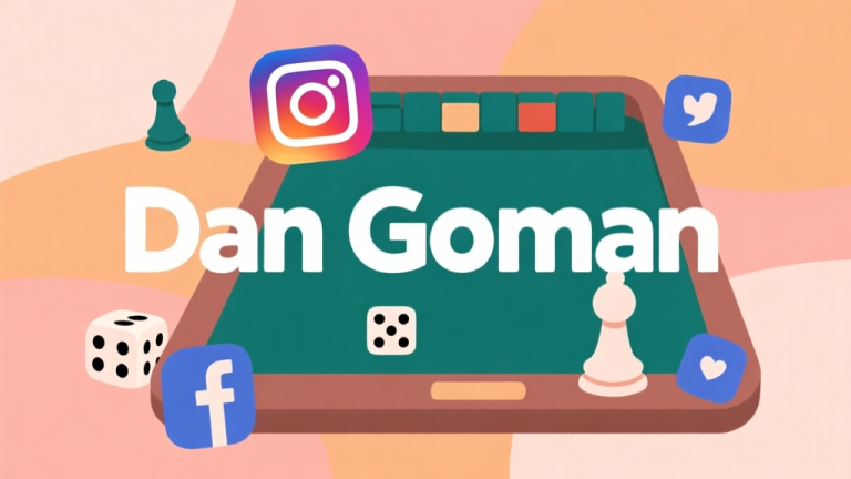 自动生成图片: Ilustrasi grafis abstrak yang menunjukkan kata-kata 'Dan Goman' menyatu dengan ikon-ikon sosial media dan simbol papan game seperti dadu dan pion, skema warna pastel hangat, gaya minimalis modern, mencerminkan konsep komunitas dan game high quality illustration, detailed, 16:9