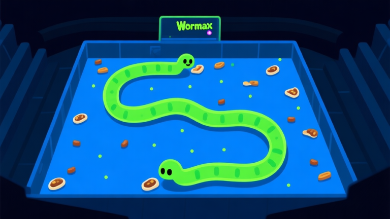 自动生成图片: Ilustrasi konsep arena game Wormax.io, menunjukkan ular panjang mengelilingi area dan mengontrol ruang, dengan titik-titik makanan tersebar, gaya minimalis dengan warna biru dan hijau neon, latar belakang gelap high quality illustration, detailed, 16:9