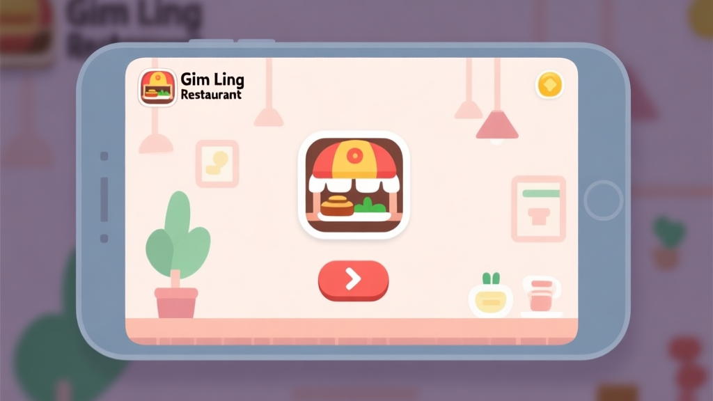 Ilustrasi minimalis layar awal game Gim Ling Restaurant, menunjukkan ikon restoran, tombol mulai, dan beberapa elepsi dekorasi sederhana, warna pastel lembut, gaya game mobile yang bersih high quality illustration, detailed, 16:9