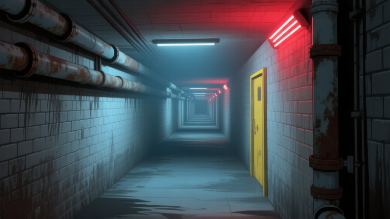 自动生成图片: Ilustrasi koridor bawah tanah yang tak berujung dengan dinding bata basah dan pipa-pipa berkarat, pencahayaan redup dari lampu neon yang berkedip, suasana sepi dan menegangkan, gaya visual game horror survival minimalis, skema warna abu-abu, biru tua, dan aksen kuning pucat high quality illustration, detailed, 16:9