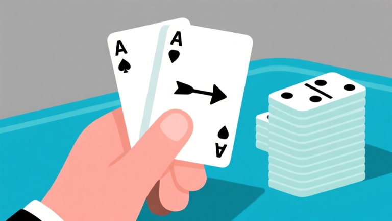 自动生成图片: Ilustrasi minimalis kartu domino gaple dengan satu tangan pemain kosong dan panah mengarah ke tumpukan kartu, skema warna abu-abu dan biru muda, desain bersih, gaya infografis high quality illustration, detailed, 16:9