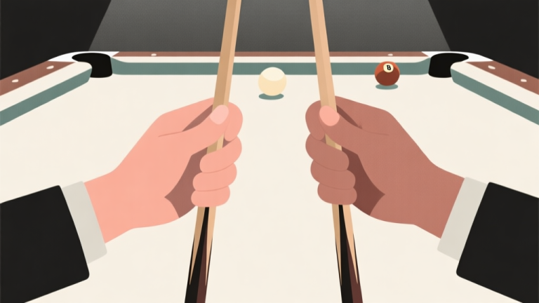 自动生成图片: Ilustrasi minimalis dua tangan memegang tongkat biliar, satu dengan posisi salah dan satu benar, latar belakang abstrak meja biliar dengan warna netral, gaya clean dan profesional high quality illustration, detailed, 16:9
