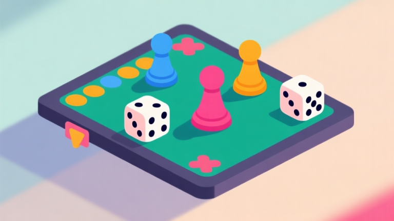 自动生成图片: Ilustrasi minimalis papan permainan digital dengan ikon dadu dan pion berwarna cerah, latar belakang lembut, gaya flat design, konsep game sosial high quality illustration, detailed, 16:9