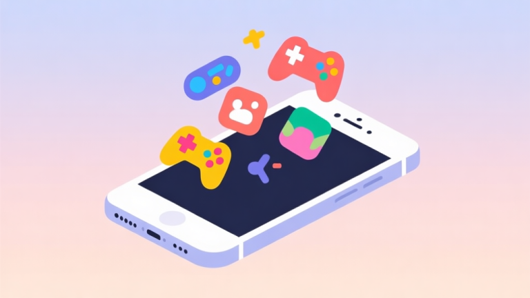 自动生成图片: Ilustrasi minimalis ponsel cerdas dengan beberapa ikon game kasual berwarna cerah melayang di layarnya, latar belakang pastel lembut, gaya datar yang bersih, mencerminkan konsep bermain santai high quality illustration, detailed, 16:9