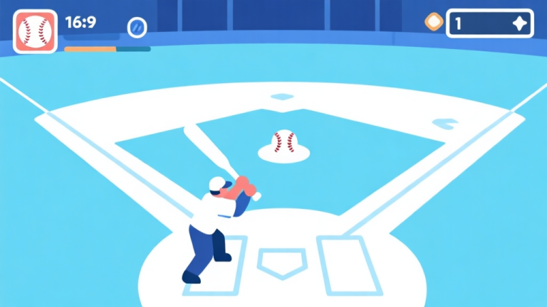 自动生成图片: Ilustrasi minimalis layar game baseball digital dengan ikon pemukul, bola, dan base, skema warna biru muda dan putih, desain bersih, gaya UI game modern high quality illustration, detailed, 16:9