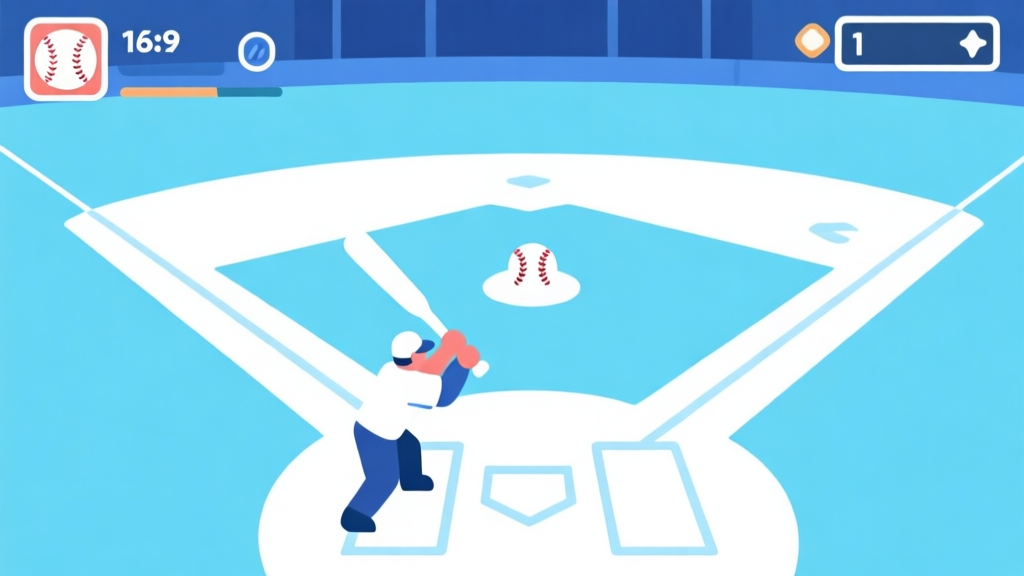 Ilustrasi minimalis layar game baseball digital dengan ikon pemukul, bola, dan base, skema warna biru muda dan putih, desain bersih, gaya UI game modern high quality illustration, detailed, 16:9